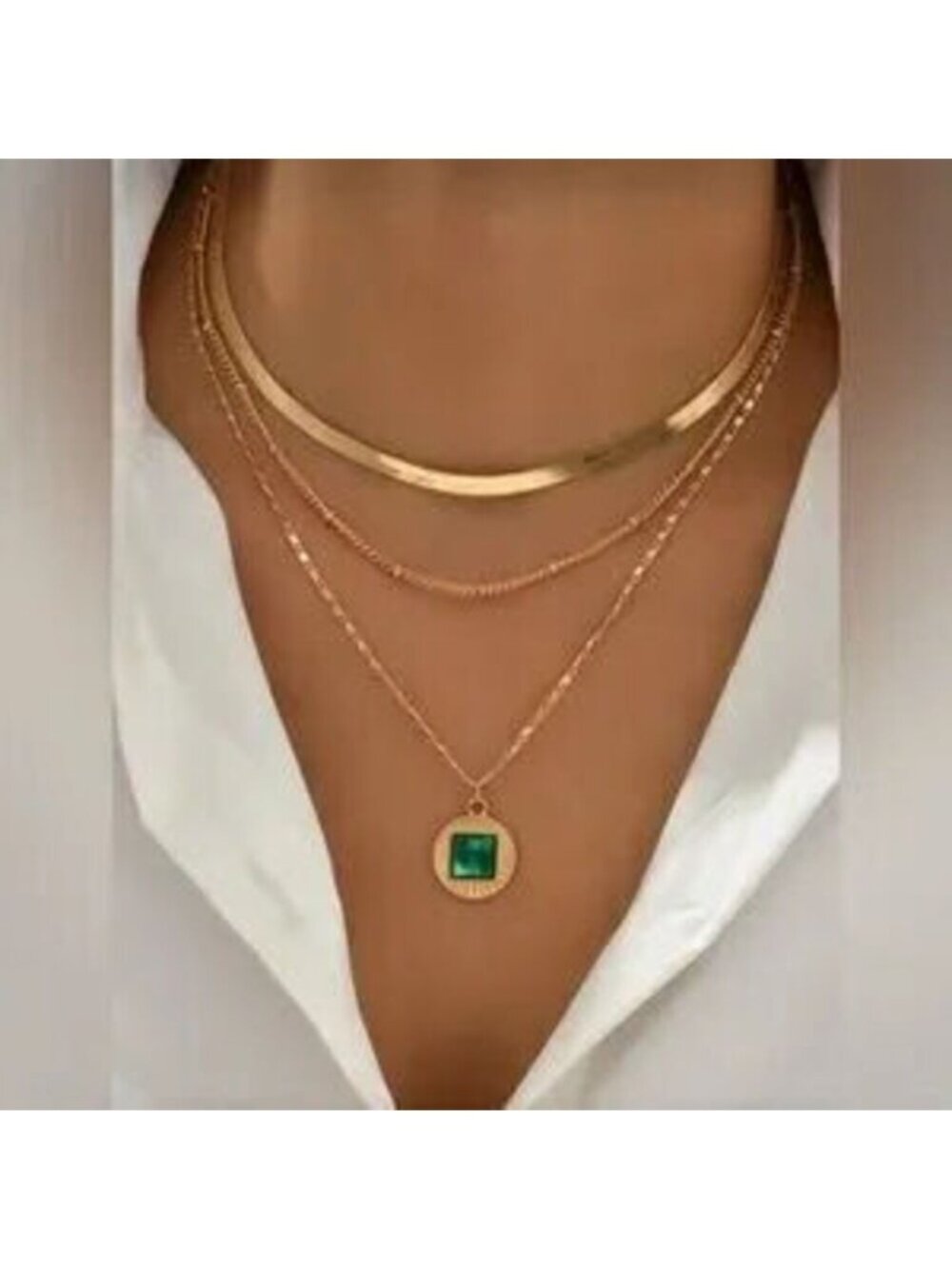 Gold 1pc Layered Necklace Green Pendant Dainty